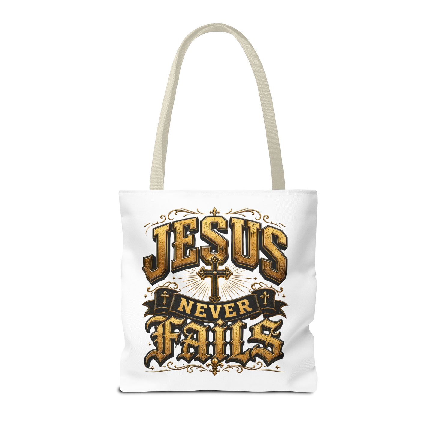 Jesus Never Fails Tote Bag — Christian Faith AOP Canvas Tote