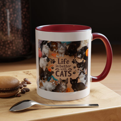 Cat Lover Accent Coffee Mug — “Life Is Better With Cats” 11/15oz