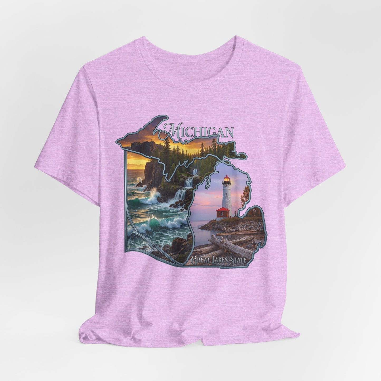 Michigan Scenic Map T-Shirt — Great Lakes Lighthouse Sunset Tee