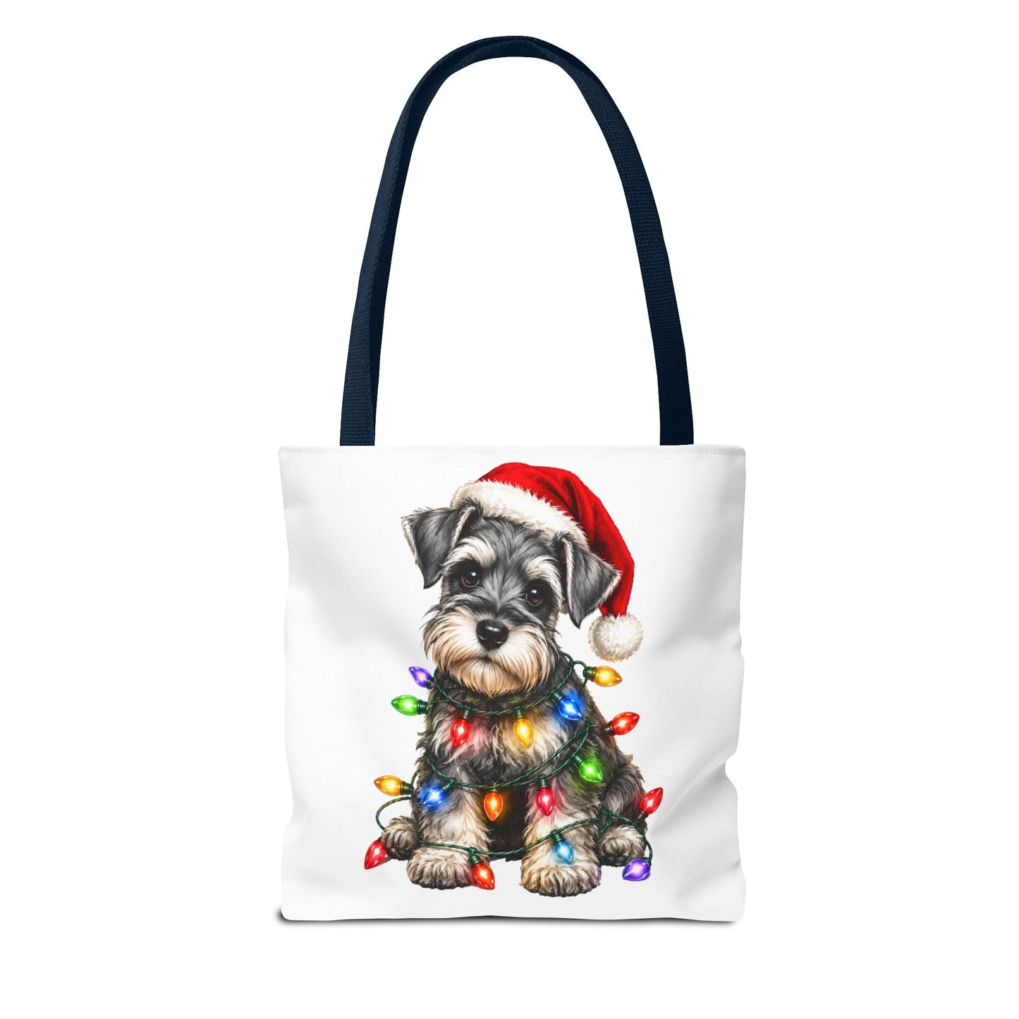 Christmas Schnauzer Tote Bag — Cute Puppy with Santa Hat & Holiday Lights