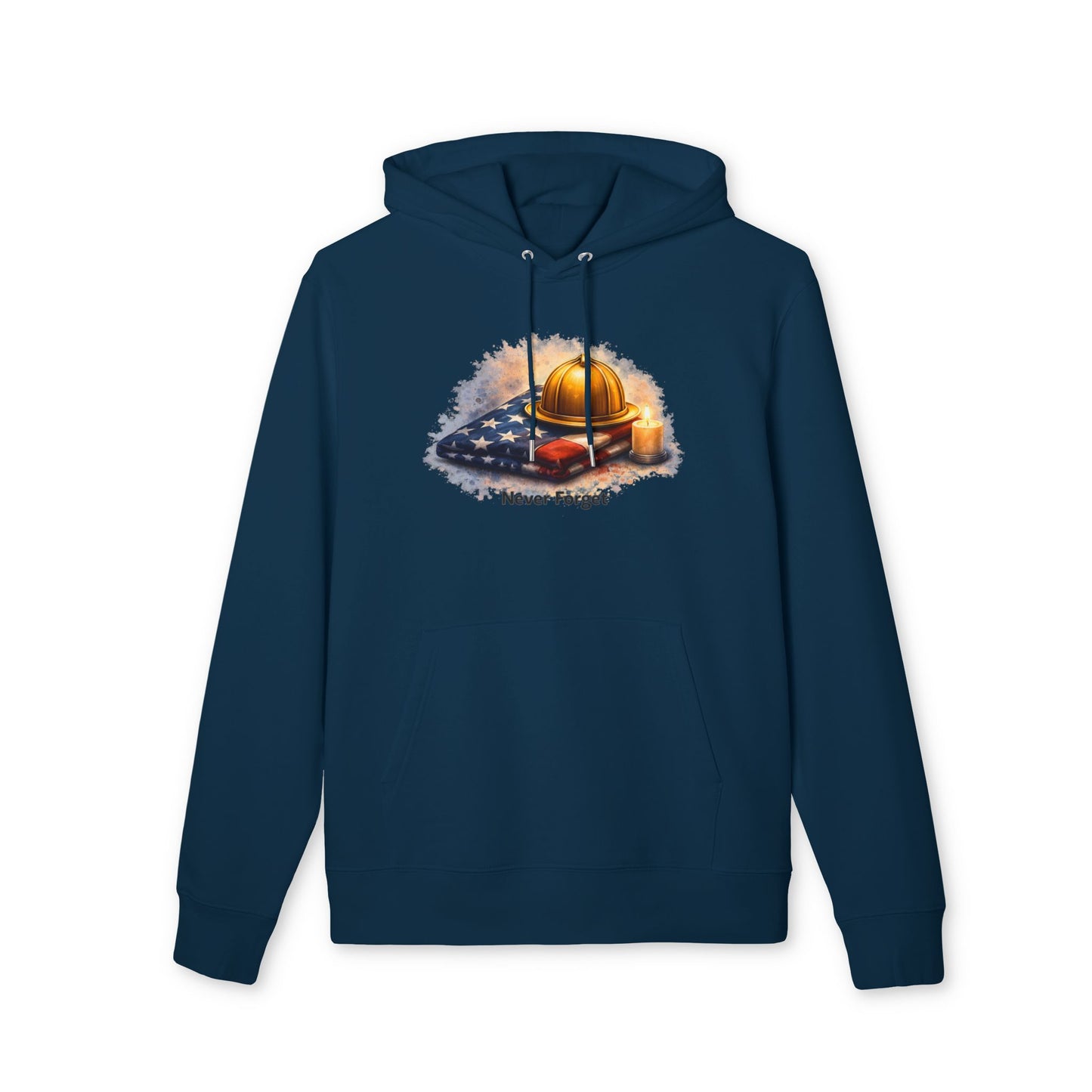 9/11 Never Forget Hoodie — Firefighter Helmet & Flag Tribute