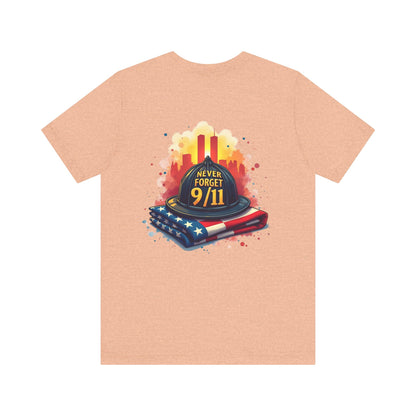 Never Forget 9/11 Memorial T-Shirt — Firefighter Helmet & Flag Tribute Tee