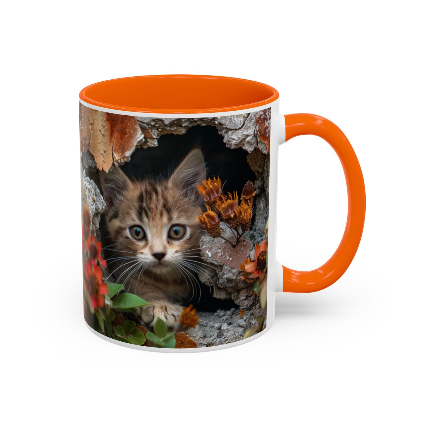 Cute Kitten Peek Accent Coffee Mug — Tabby Cat Floral 11/15oz