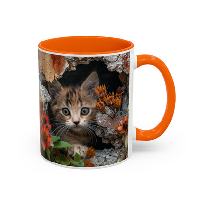Cute Kitten Peek Accent Coffee Mug — Tabby Cat Floral 11/15oz