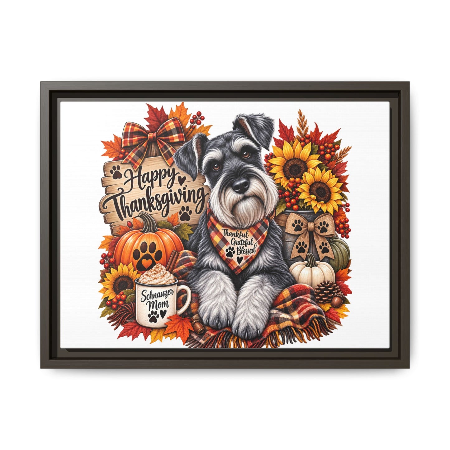 Happy Thanksgiving Schnauzer Framed Canvas — Autumn Dog Wall Art