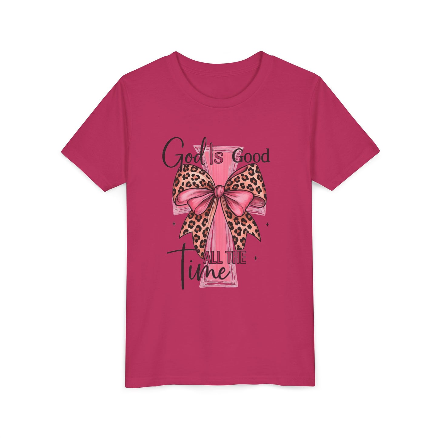 Youth Tee — "God is Good All the Time" Pink Cross with Leopard Bow