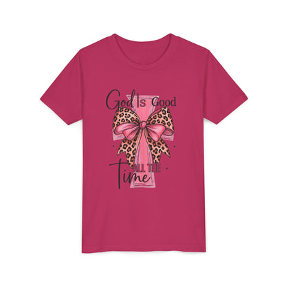 Youth Tee — "God is Good All the Time" Pink Cross with Leopard Bow