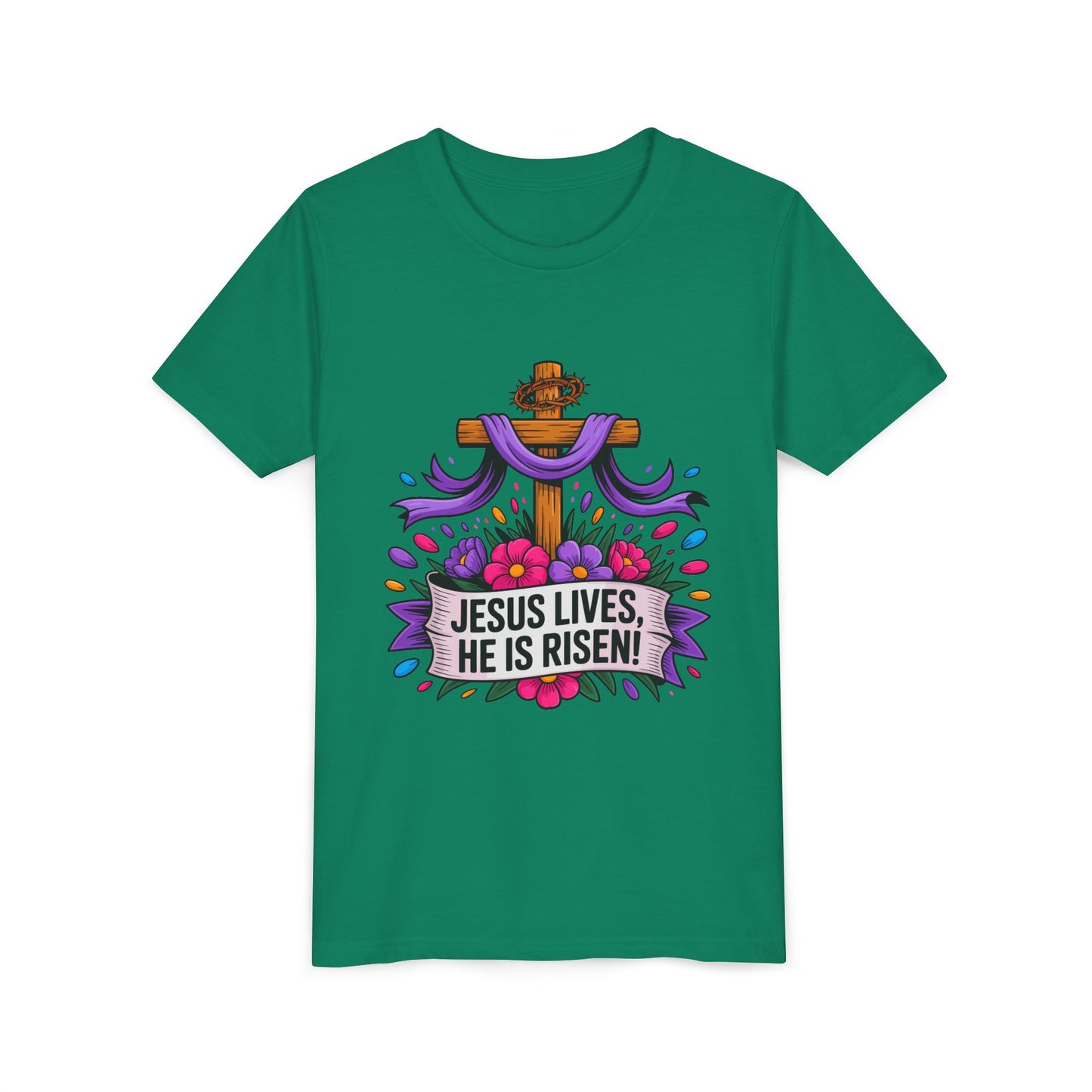 Youth Tee — "Jesus Lives, He Is Risen!" Easter Christian Tee