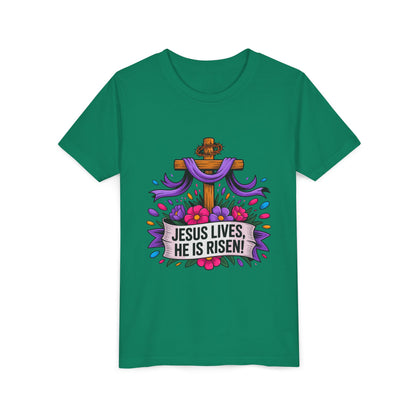 Youth Tee — "Jesus Lives, He Is Risen!" Easter Christian Tee