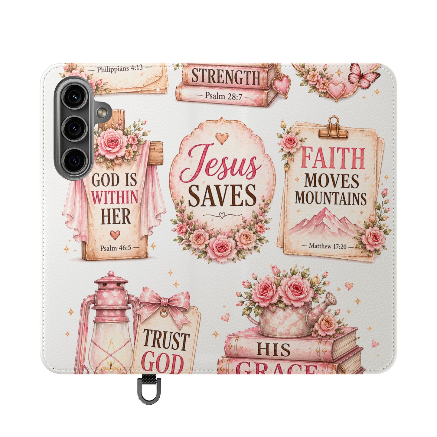 Christian Floral Phone Flip Case — "Jesus Saves" & Inspirational Scripture Wallet Cover
