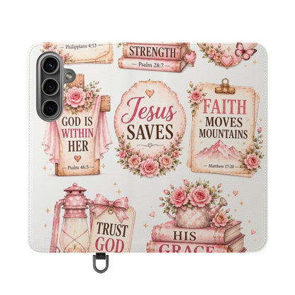 Christian Floral Phone Flip Case — "Jesus Saves" & Inspirational Scripture Wallet Cover