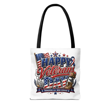 Veterans Day Tote Bag — "Happy Veterans Day" Patriotic All-Over Print