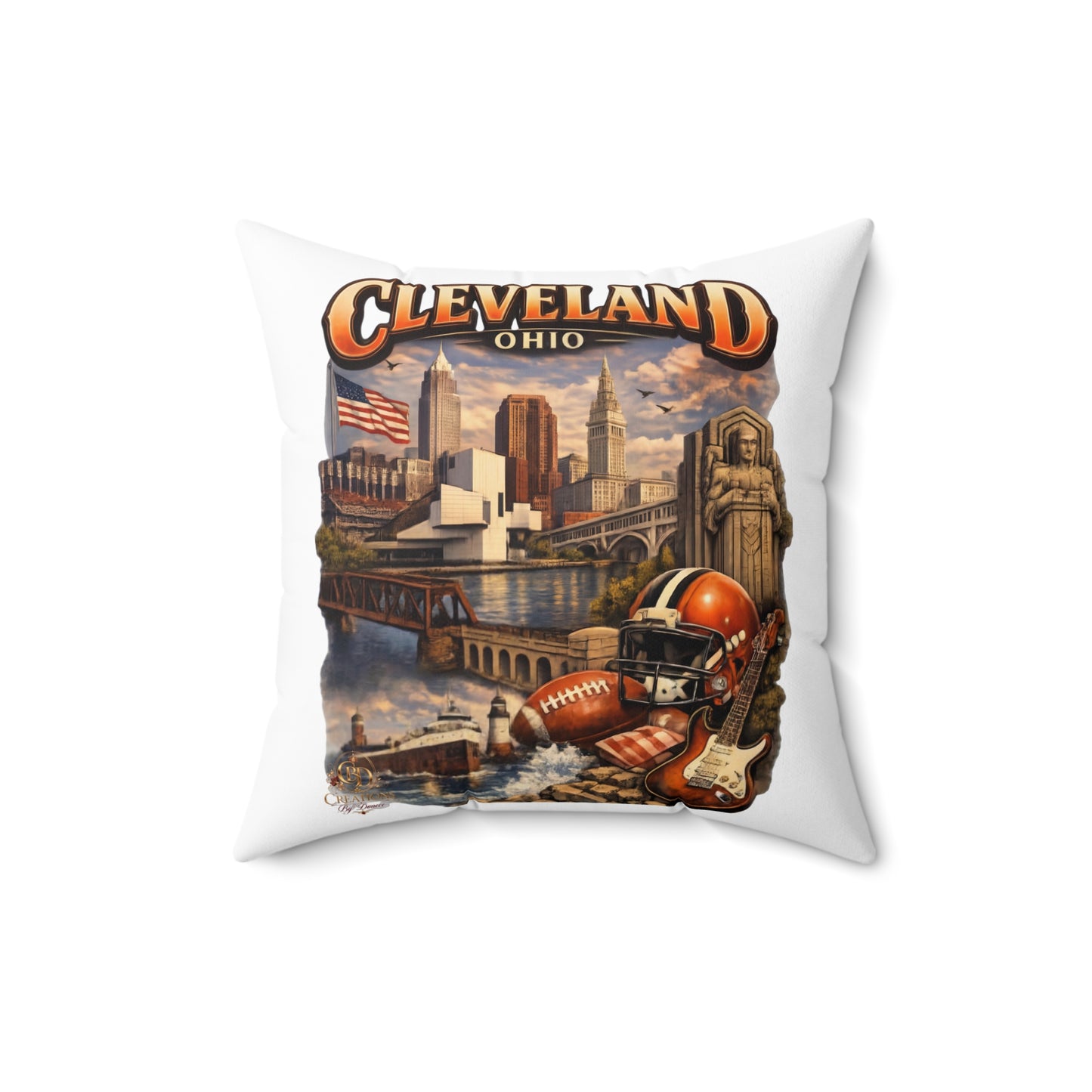 Cleveland Vintage Skyline Throw Pillow – Ohio Cityscape with Football & Rock Icons