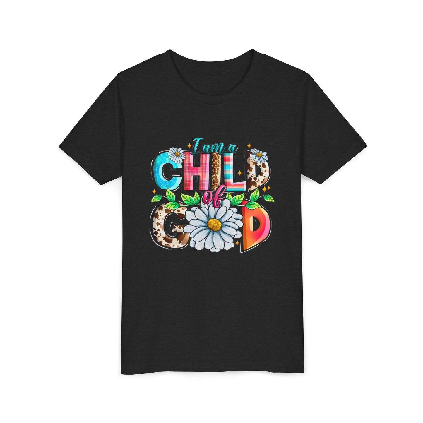 Youth Tee — "I Am a Child of God" Floral Christian Graphic