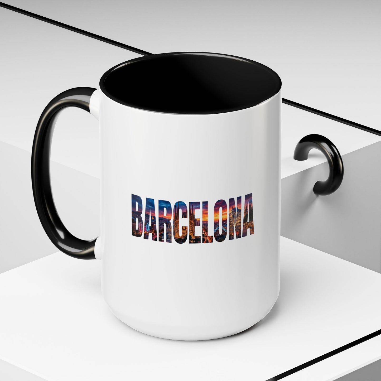 Barcelona Accent Coffee Mug — Scenic Cityscape Text Travel Souvenir (11/15oz)