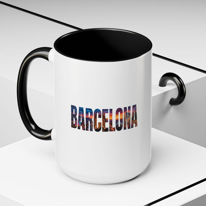 Barcelona Accent Coffee Mug — Scenic Cityscape Text Travel Souvenir (11/15oz)
