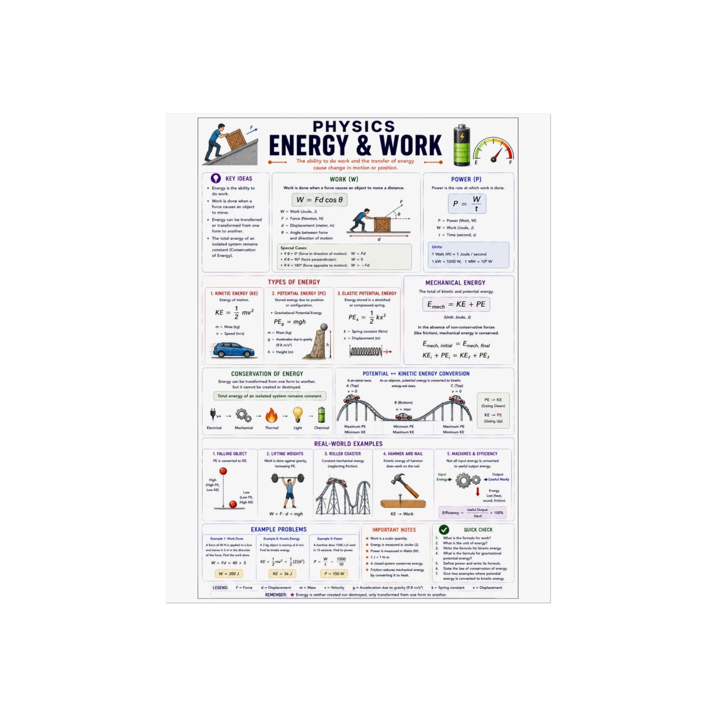 Physics: Energy & Work Educational Poster — Fine Art Study Chart