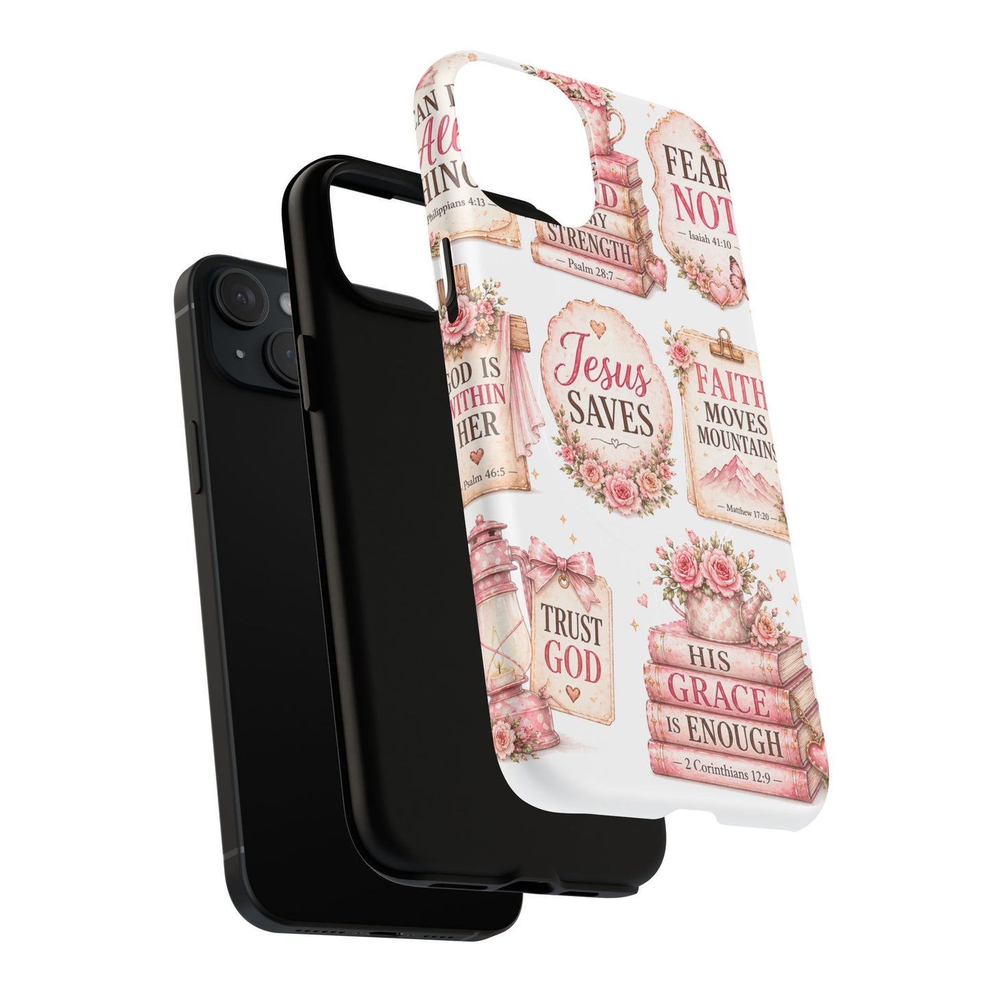 Christian Faith iPhone Tough Magnetic Case — 'Jesus Saves' Floral Scripture Design (Fear Not, Faith Moves Mountains)