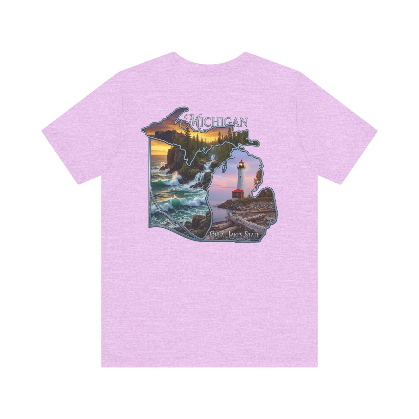 Michigan Scenic Map T-Shirt — Great Lakes Lighthouse Sunset Tee