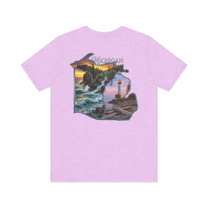 Michigan Scenic Map T-Shirt — Great Lakes Lighthouse Sunset Tee