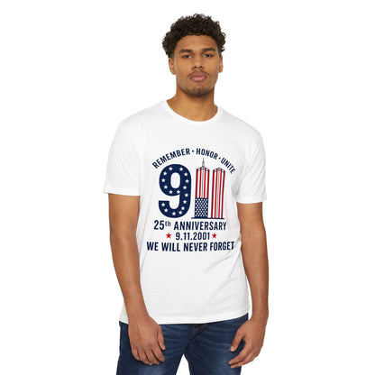 9/11 Memorial T-Shirt – "Remember Honor Unite" 25th Anniversary We Will Never Forget