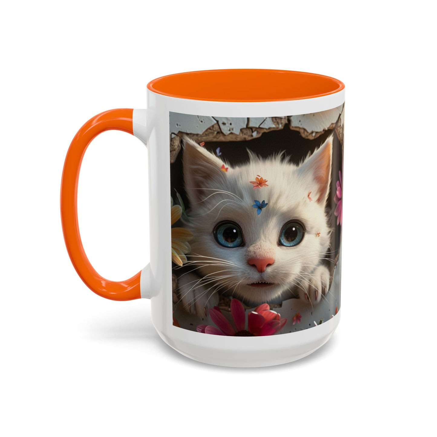 Cute White Kitten Coffee Mug – Floral Accent 11/15oz