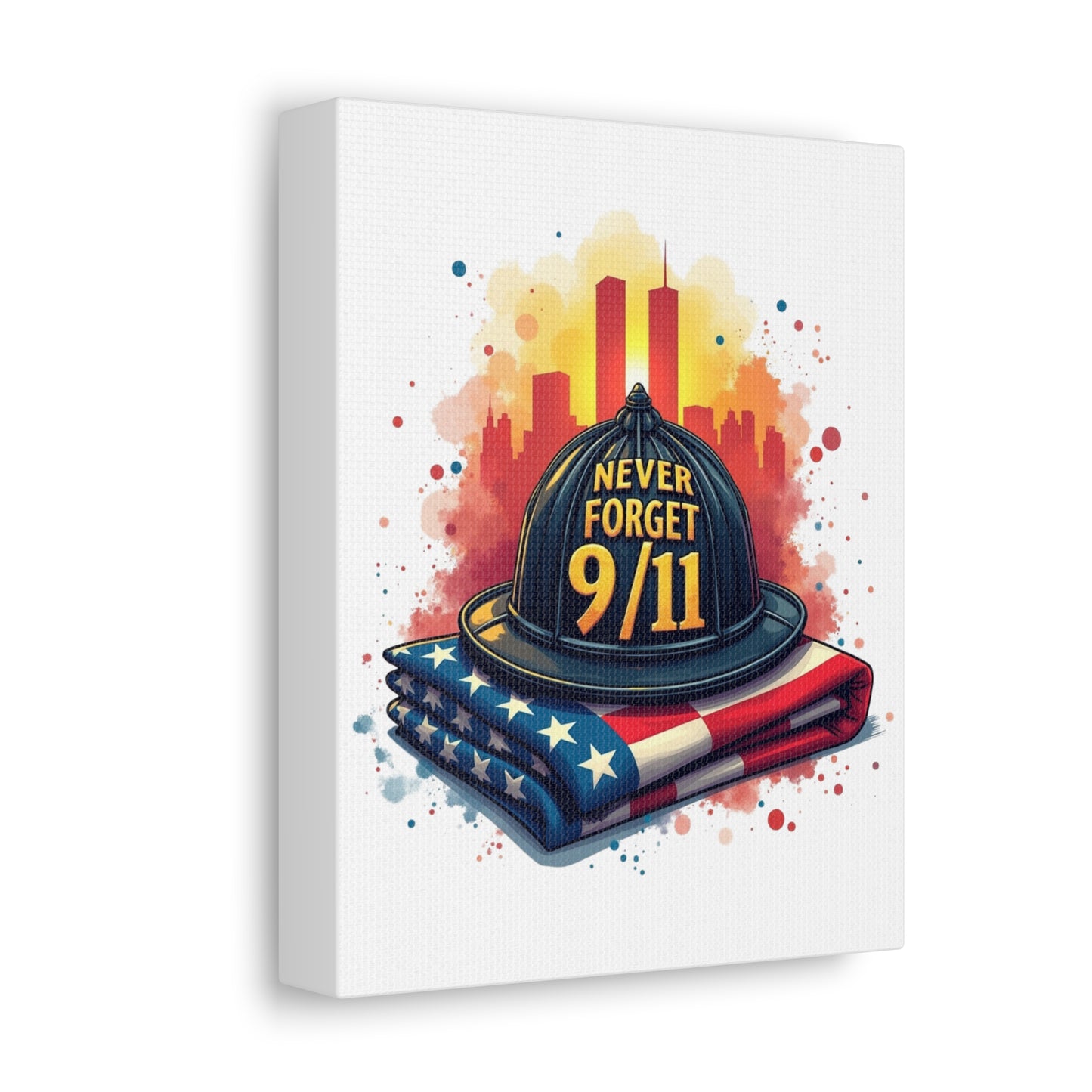 Never Forget 9/11 Stretched Canvas – Memorial Firefighter Helmet & American Flag Wall Art