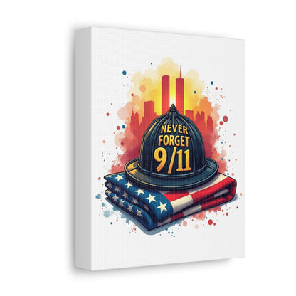 Never Forget 9/11 Stretched Canvas – Memorial Firefighter Helmet & American Flag Wall Art