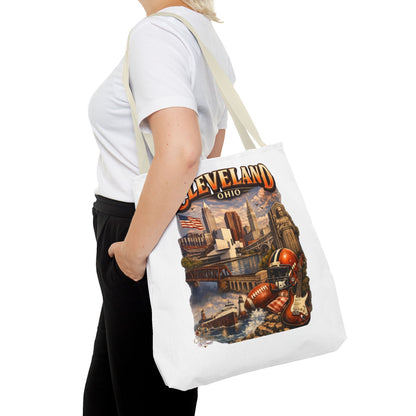 Cleveland Cityscape Tote Bag — Vintage Ohio Skyline & Sports Montage