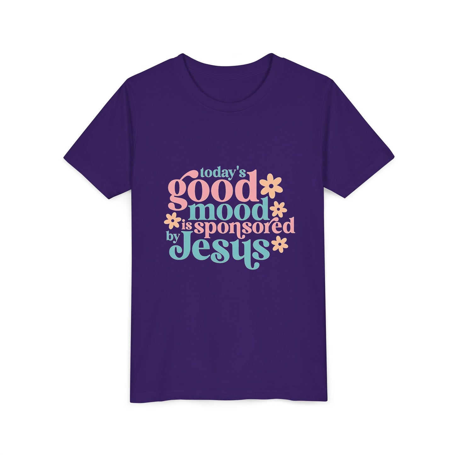 Youth Tee – "Today's Good Mood is Sponsored by Jesus" Retro Floral Christian Shirt