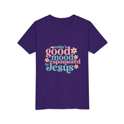Youth Tee – "Today's Good Mood is Sponsored by Jesus" Retro Floral Christian Shirt
