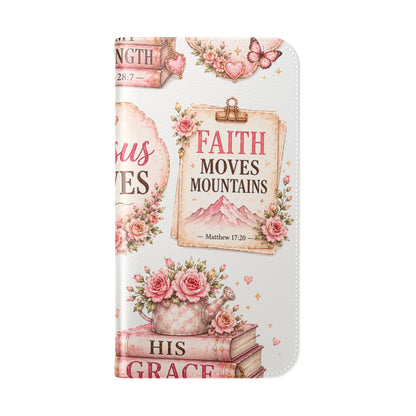Christian Floral Phone Flip Case — "Jesus Saves" & Inspirational Scripture Wallet Cover