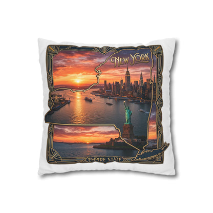 New York Skyline Sunset Decorative Pillowcase — Empire State & Statue of Liberty Throw Pillow Cover