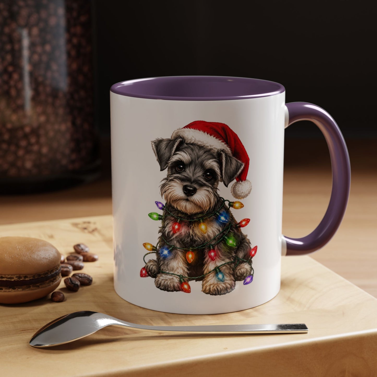 Christmas Puppy Coffee Mug — Schnauzer in Santa Hat with Holiday Lights (11/15oz)