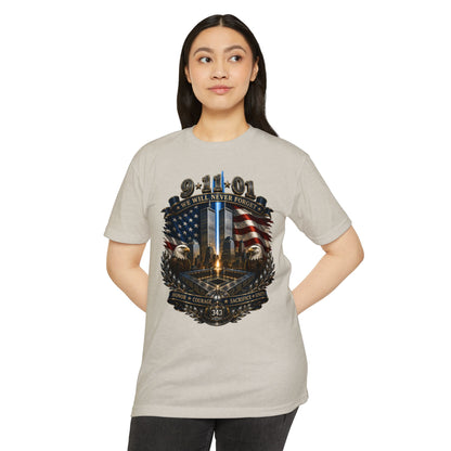 9/11 Never Forget Tribute T-Shirt — World Trade Center Memorial Tee