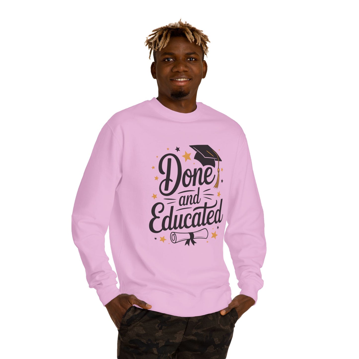 Graduation Crewneck Sweatshirt — "Done and Educated" Cap & Diploma Design