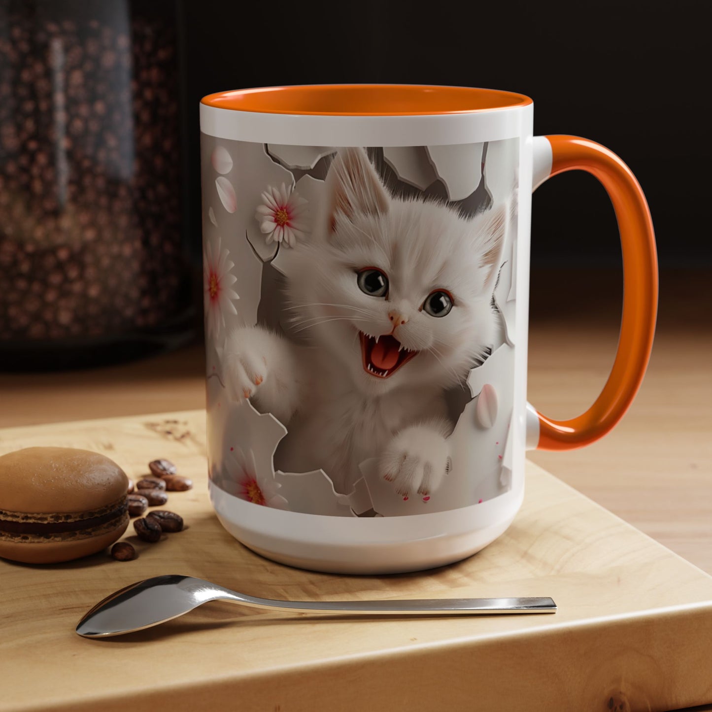 Cute Kitten Floral Accent Coffee Mug – Cat Lover Ceramic Mug (11/15oz)