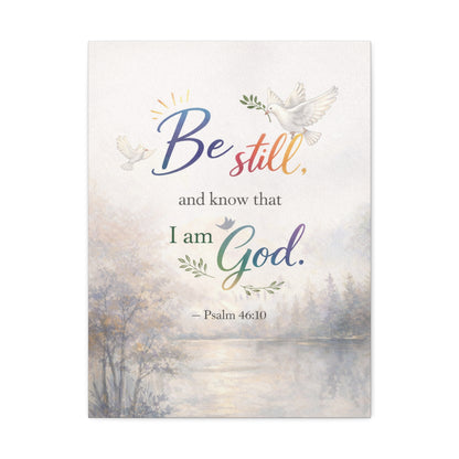 Be Still Psalm 46:10 Stretched Canvas Wall Art — Inspirational Christian Decor with Dove and Tranquil Landscape