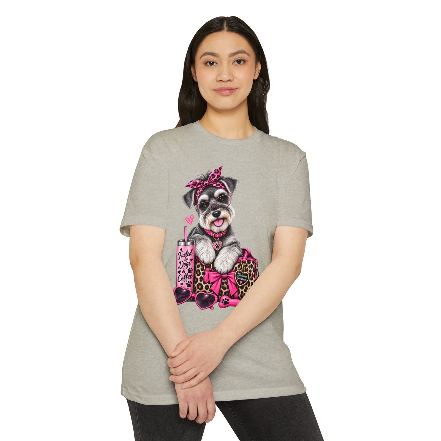 Schnauzer Fashion Tee — Cute Dog with Leopard Bag & 'Faith, Dog, Coffee' Design
