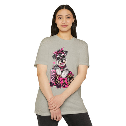 Schnauzer Fashion Tee — Cute Dog with Leopard Bag & 'Faith, Dog, Coffee' Design