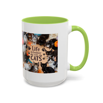 Cat Lover Accent Coffee Mug — “Life Is Better With Cats” 11/15oz