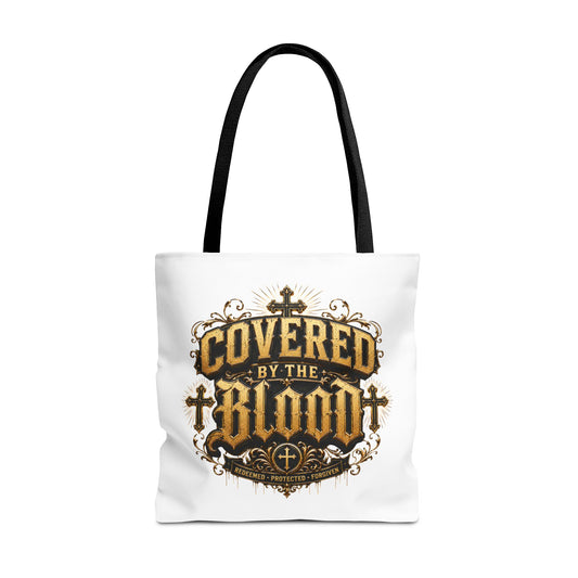 Covered by the Blood Tote Bag — Christian Cross Faith Canvas Tote