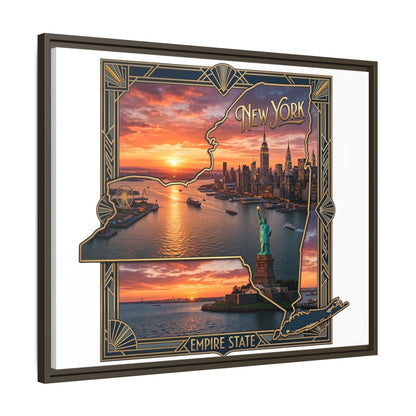 Framed Matte Canvas Wall Art — New York City Sunset Skyline with Statue of Liberty