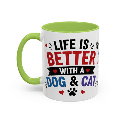 Dog and Cat Coffee Mug – "Life is Better with a Cat" Accent Ceramic Mug