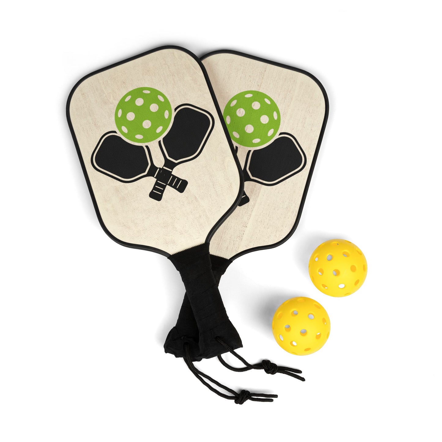 Pickleball Paddle Set — Retro Crossed Paddles & Green Dimple Ball Kit