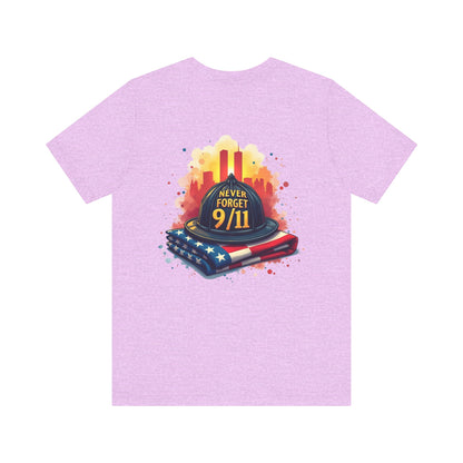 Never Forget 9/11 Memorial T-Shirt — Firefighter Helmet & Flag Tribute Tee