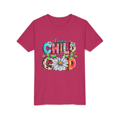 Youth Tee — "I Am a Child of God" Floral Christian Graphic