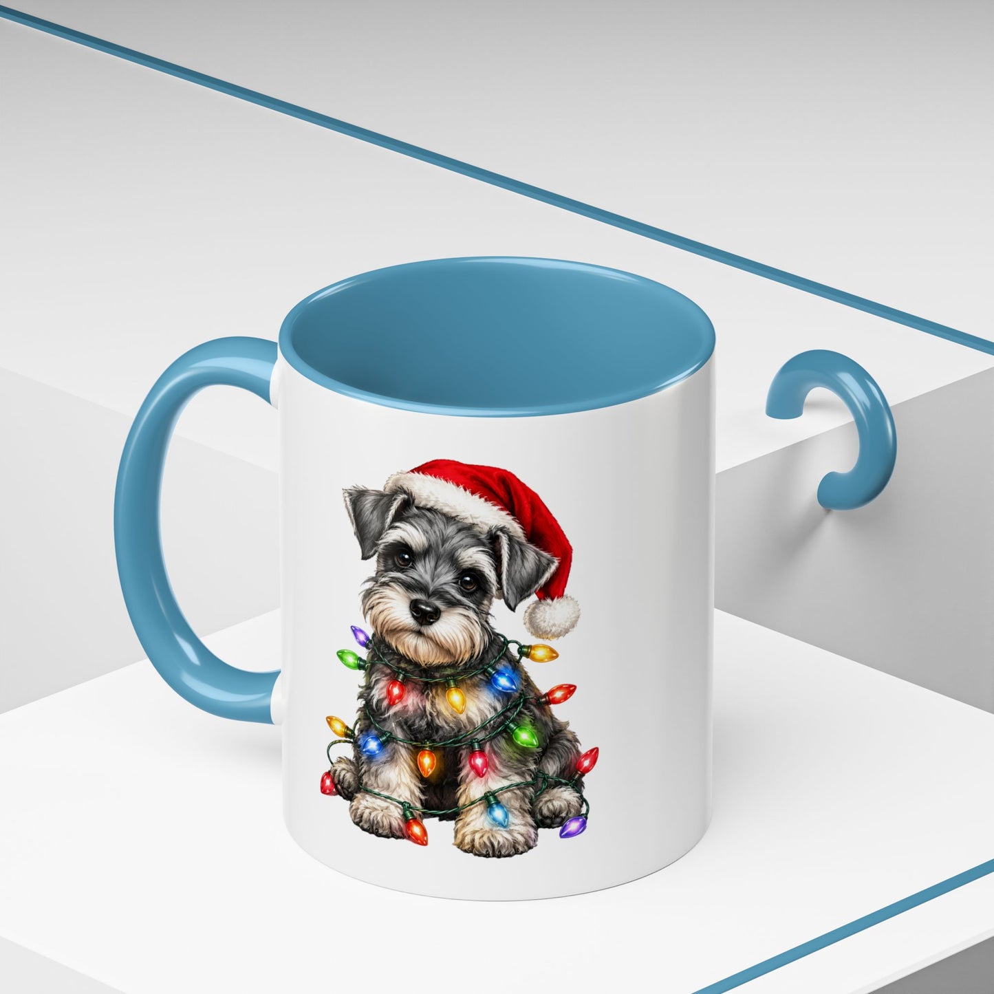 Christmas Puppy Coffee Mug — Schnauzer in Santa Hat with Holiday Lights (11/15oz)