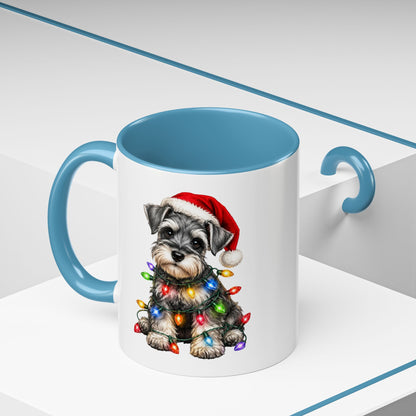 Christmas Puppy Coffee Mug — Schnauzer in Santa Hat with Holiday Lights (11/15oz)