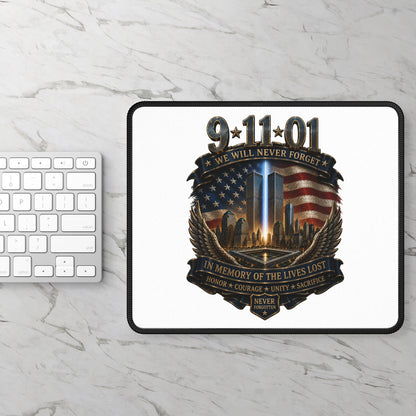 9/11 Memorial Gaming Mouse Pad — "We Will Never Forget" Tribute with Twin Towers & American Flag